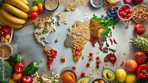 Illustration of various food images on a world map.