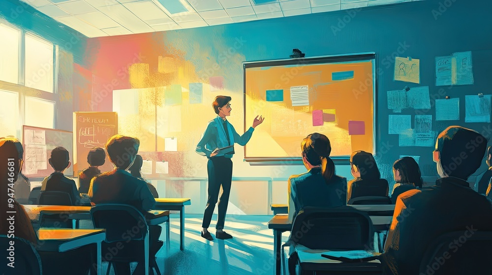 A teacher explaining a lesson to students in a brightly lit classroom. A teacher explaining a lesson to students in a brightly lit classroom.