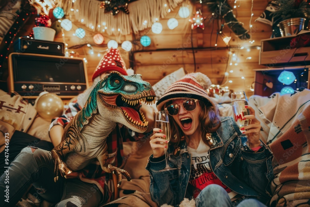 Crazy couple in dinosaur masks, celebrating new year eve wearing lizard heads, having fun drinking champagne Crazy couple in dinosaur masks, celebrating new year eve wearing lizard heads, having fun drinking champagne