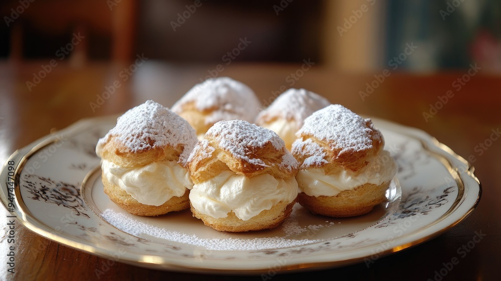 A trio of cream puffs dusted with powdered sugar, sitting on a delicate plate. A trio of cream puffs dusted with powdered sugar, sitting on a delicate plate.