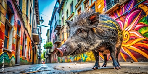 Edgy Visayan Warty Pig dominates a backdrop of street art, its wiry frame and tusks accentuated by the vibrant colors and bold lines of the urban canvas. photo