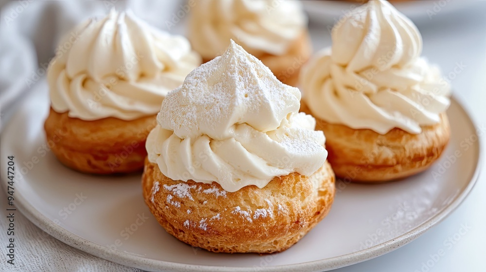 A trio of freshly made cream puffs, inviting and delicious, on a white plate. A trio of freshly made cream puffs, inviting and delicious, on a white plate.