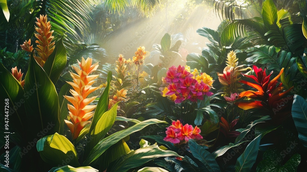 A tropical garden scene with vivid flowers, large leafy plants, and sunlight creating dappled patterns. A tropical garden scene with vivid flowers, large leafy plants, and sunlight creating dappled patterns.