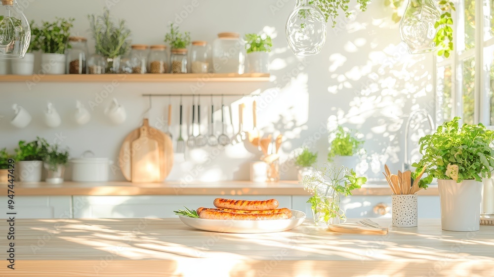 Grilled Sausages on a Plate in a Sunny Kitchen Grilled Sausages on a Plate in a Sunny Kitchen