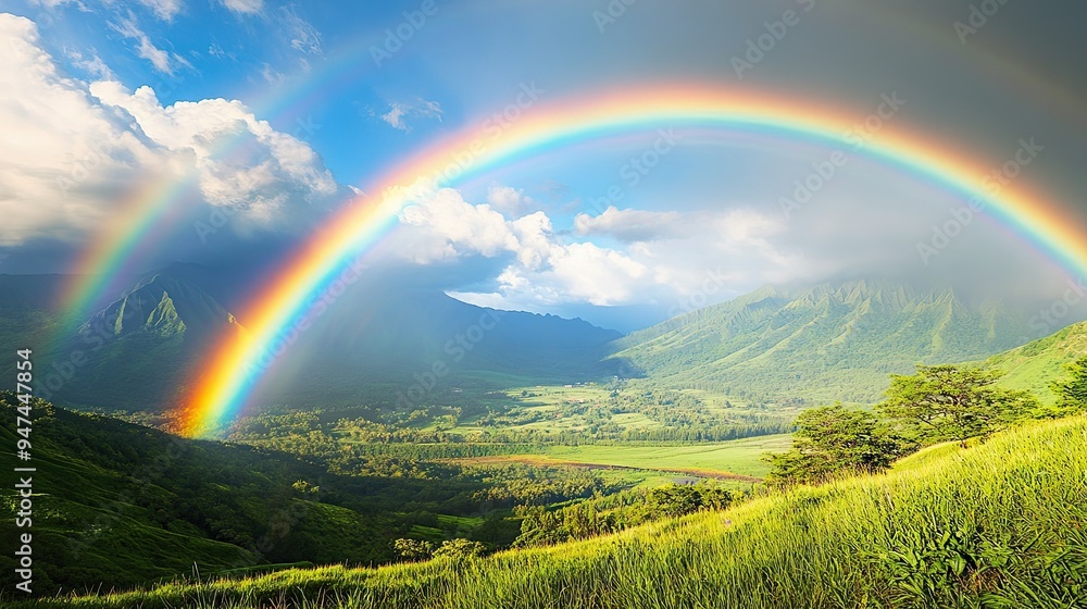 Obraz premium A vibrant double rainbow arching over a lush green valley, appearing after a refreshing summer rain.