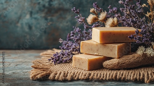 40. A rustic scene with earthy brown soap bars, natural loofah, and dried flowers, arranged on a jute mat for a natural look photo