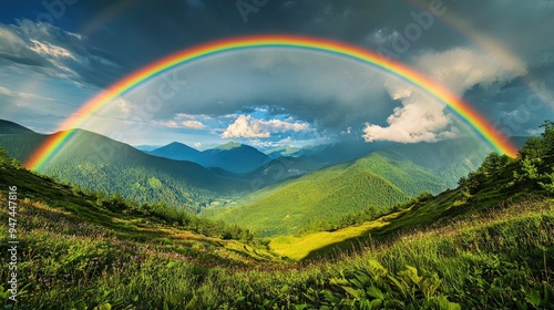 A vibrant double rainbow arching over a lush green valley, appearing after a refreshing summer rain.