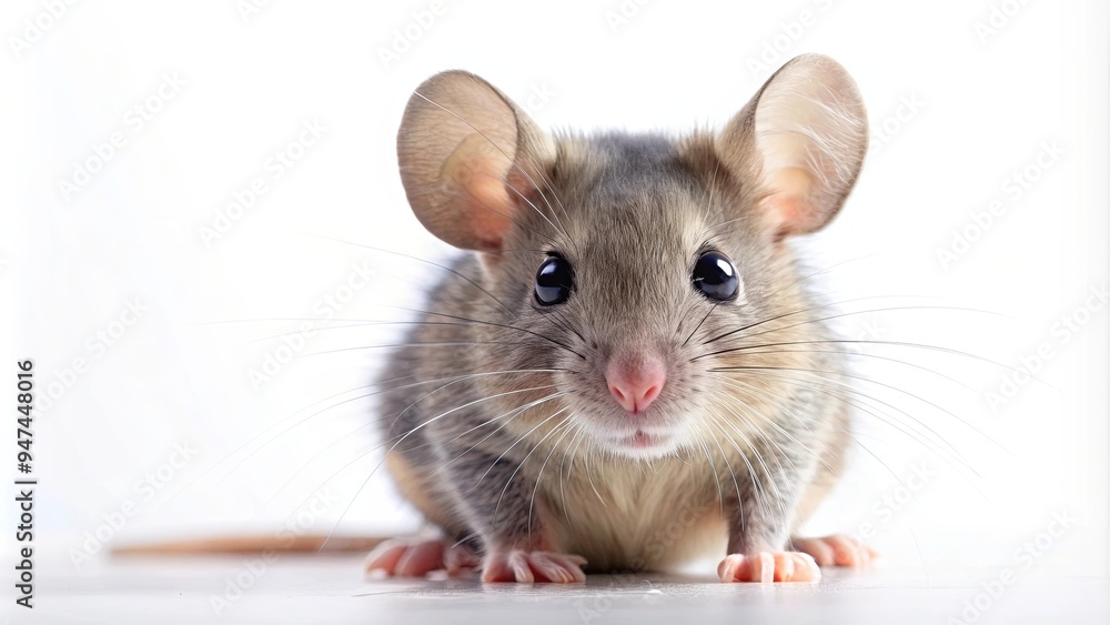 Close-up photo of a grey mouse with whiskers and bright eyes on a white background, rodent, small, cute, pet, furry Close-up photo of a grey mouse with whiskers and bright eyes on a white background, rodent, small, cute, pet, furry