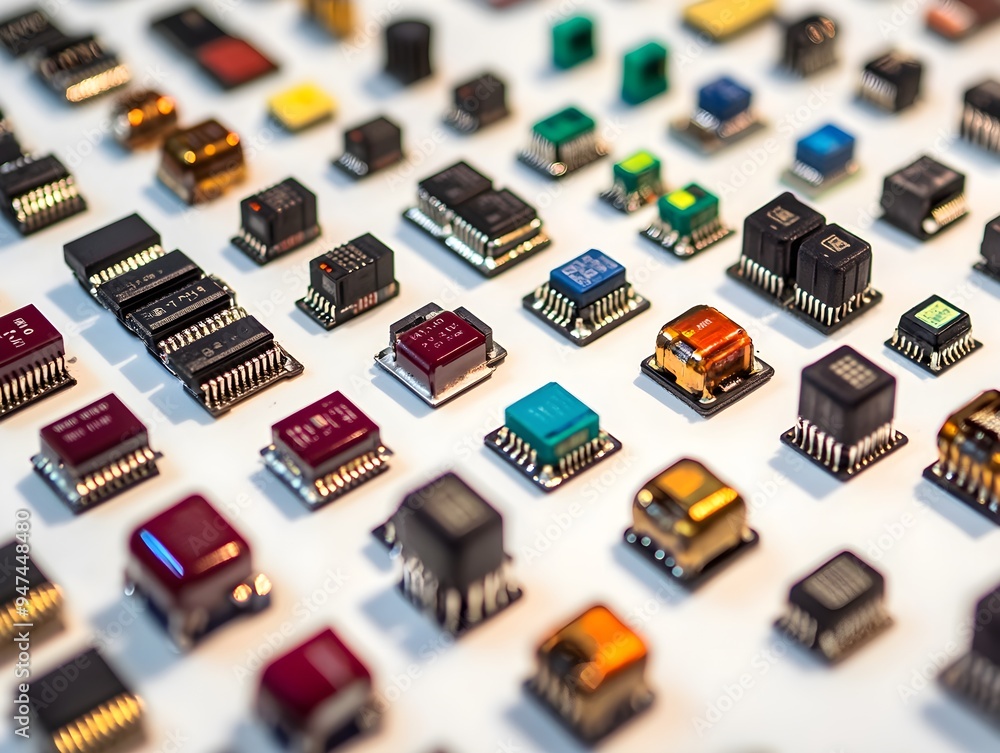 A collection of electronic components, including resistors, capacitors A collection of electronic components, including resistors, capacitors