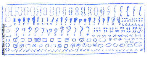 Set of children hand drawn crayon text symbols. Collection of blue color pastel symbol brackets, question, circles, exclamation etc. Vector charcoal doodle shapes and squiggles in childish style