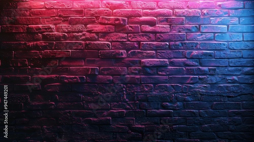 Brick Wall with Red and Blue Neon Lights: Textured Background with Vibrant Lighting Effect