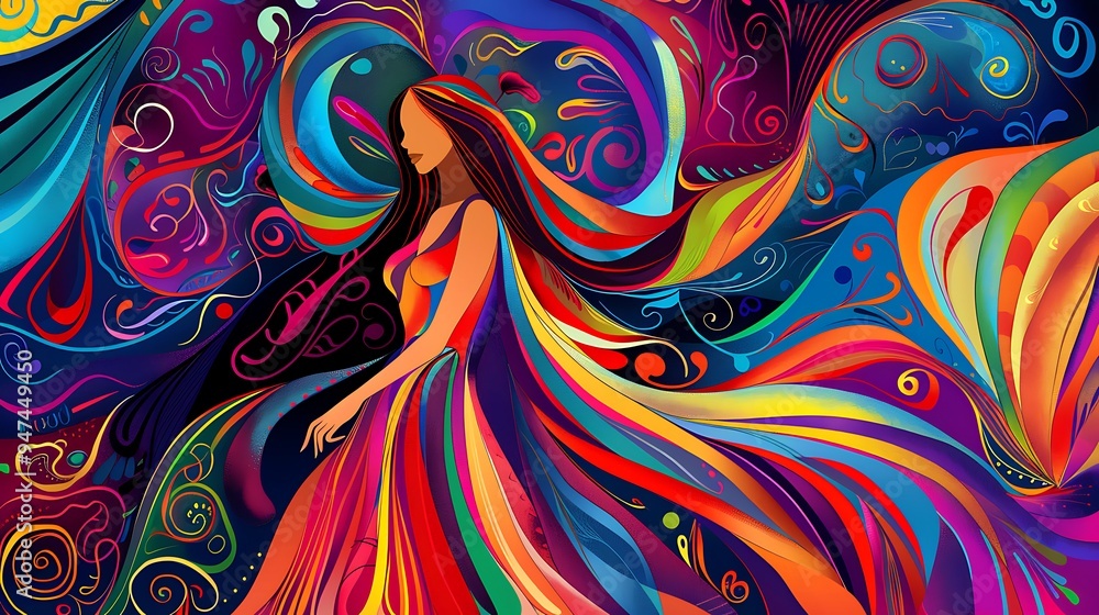 A vibrant illustration of a lady with flowing hair, wearing a colorful dress and standing against a background of abstract patterns, highlighting her confident and graceful pose. 8k UHD, suitable A vibrant illustration of a lady with flowing hair, wearing a colorful dress and standing against a background of abstract patterns, highlighting her confident and graceful pose. 8k UHD, suitable