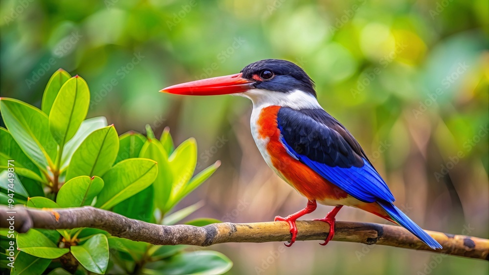 Vibrant black-capped kingfisher perched on a mangrove branch in coastal waters, kingfisher, bird, wildlife, coastal Vibrant black-capped kingfisher perched on a mangrove branch in coastal waters, kingfisher, bird, wildlife, coastal