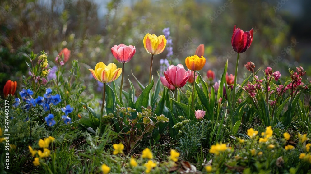 An array of early blooms, showcasing the beauty of nature waking up after winter. An array of early blooms, showcasing the beauty of nature waking up after winter.