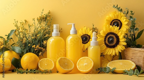 11. A bright and cheerful setup featuring yellow bottles of facial cleansing foam, with sunflowers and citrus fruits for a fresh, energizing look photo