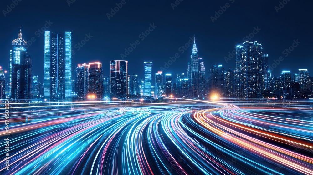 Fototapeta premium Futuristic Cityscape with Light Trails at Night