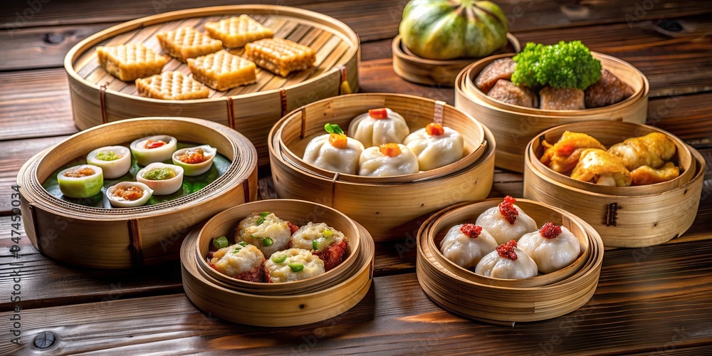 Traditional Chinese dim sum with a variety of small dishes on a bamboo steamer , Chinese cuisine Traditional Chinese dim sum with a variety of small dishes on a bamboo steamer , Chinese cuisine