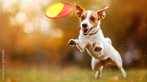 An energetic Jack Russell Terrier leaping into the air, aiming for a brightly colored frisbee. -