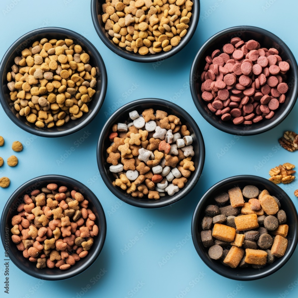 Dry Pet Food Set, Cat Diet, Puppy Food Brown Pieces, Dog Meal in Bowls, Pet Dinner Crackers Dry Pet Food Set, Cat Diet, Puppy Food Brown Pieces, Dog Meal in Bowls, Pet Dinner Crackers