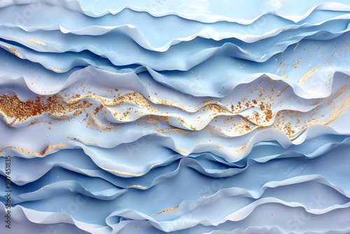 Creative Abstract Vibrant Blue Wavy with Golden Glitch Minimalist Podium with Geometric 3D Shapes: Round, Circle, and Square. Large Copy Space for Web Banner and HD Wallpaper.