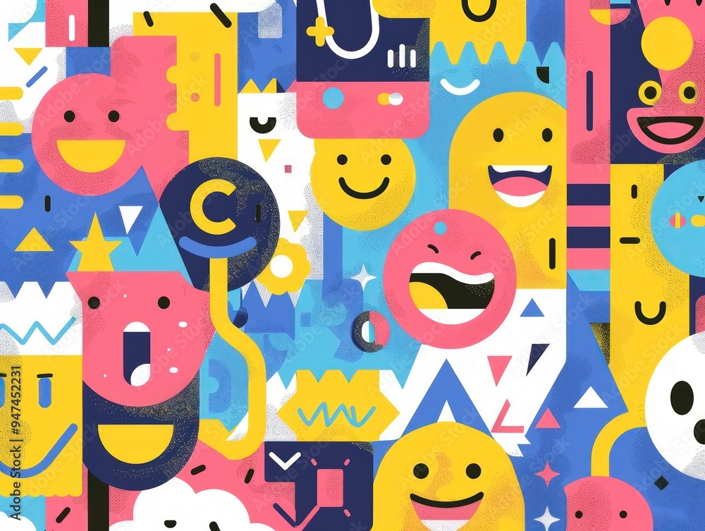 A playful mix of emojis and abstract geometric shapes, evoking a sense of joy and modernity. A playful mix of emojis and abstract geometric shapes, evoking a sense of joy and modernity.