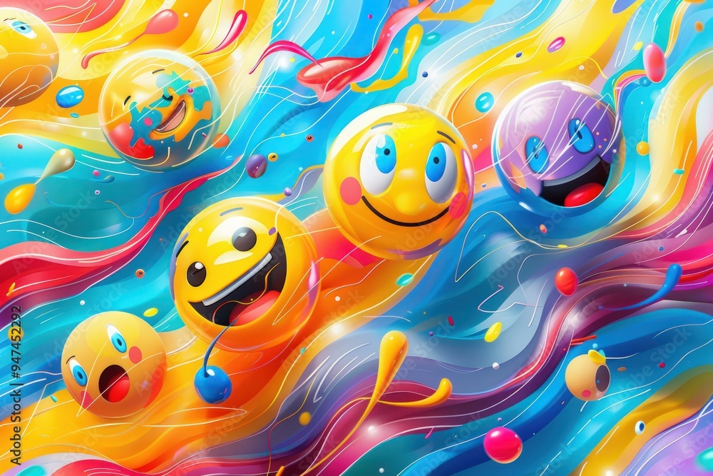 A playful mix of emoji faces with a background of abstract, flowing lines and vibrant colors. A playful mix of emoji faces with a background of abstract, flowing lines and vibrant colors.