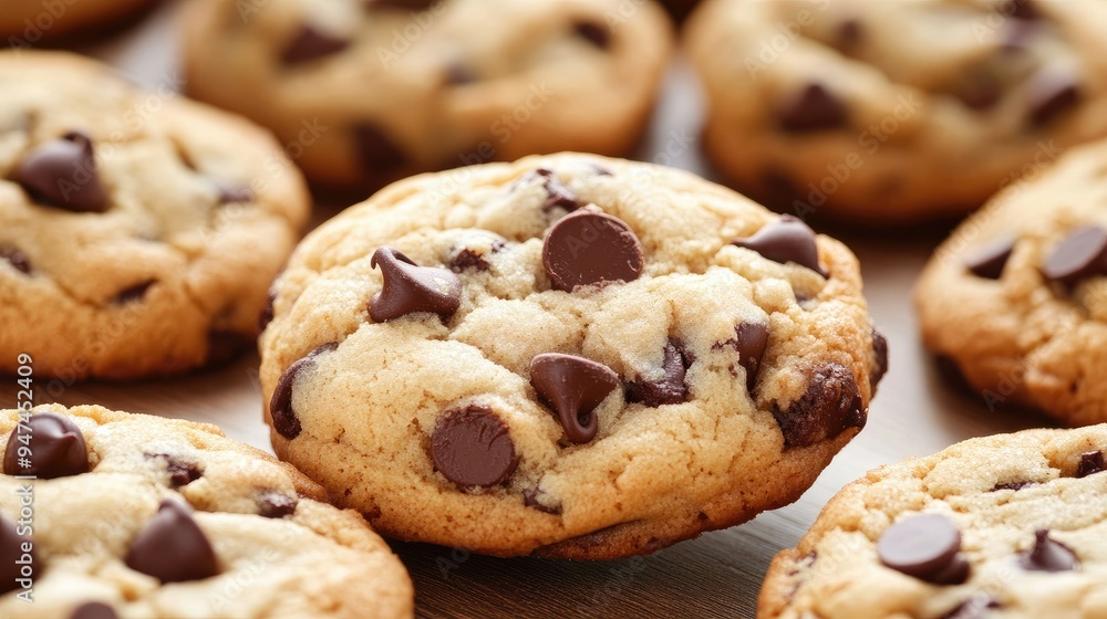 Close-up of warm chocolate chip cookies, with melted chocolate chips glistening. Close-up of warm chocolate chip cookies, with melted chocolate chips glistening.