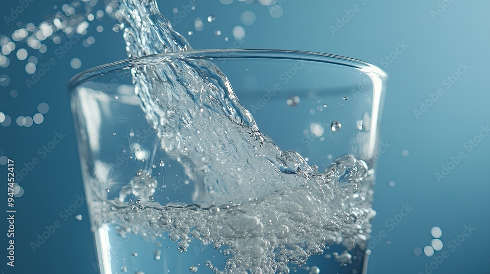 Close-up of water pouring into a clear glass, creating splash and bubbles, with a blue background, shot in bright lighting. Close-up of water pouring into a clear glass, creating splash and bubbles, with a blue background, shot in bright lighting.