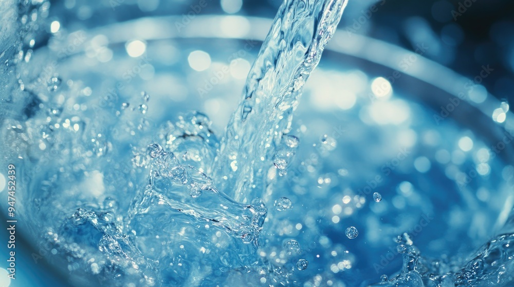 Close-up of water pouring into a clear glass, creating splash and bubbles, with a blue background, shot in bright lighting. Close-up of water pouring into a clear glass, creating splash and bubbles, with a blue background, shot in bright lighting.