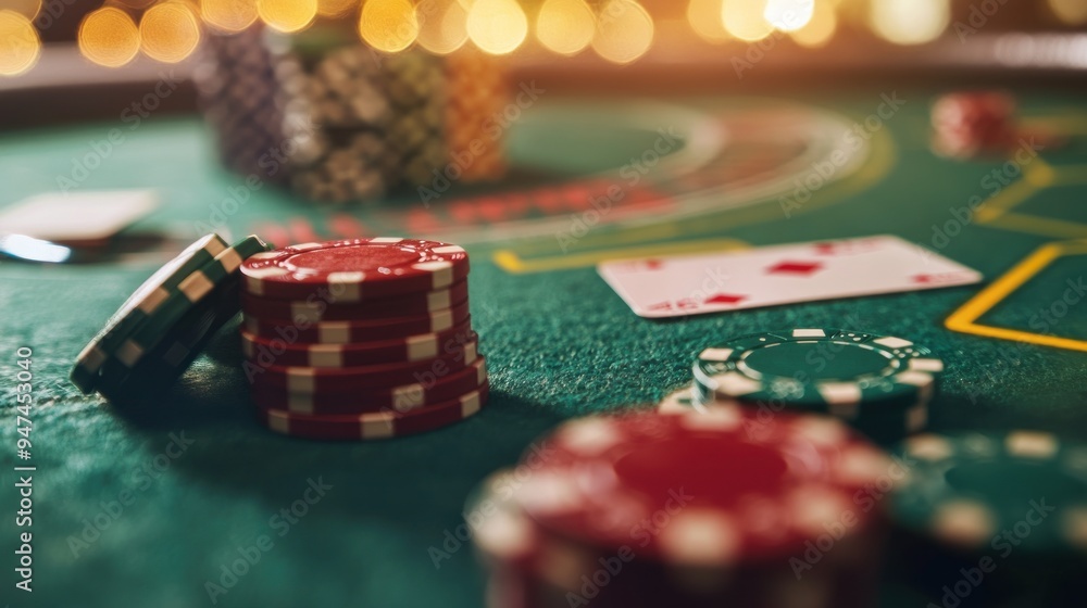 Close-up of Casino Chips and Playing Card on Green Felt Table Close-up of Casino Chips and Playing Card on Green Felt Table