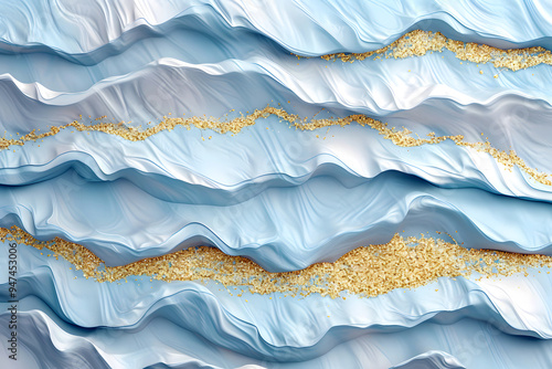 Creative Abstract Vibrant Blue Wavy with Golden Glitch Minimalist Podium with Geometric 3D Shapes: Round, Circle, and Square. Large Copy Space for Web Banner and HD Wallpaper.