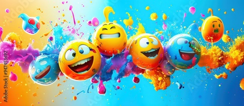 A playful assortment of emoji faces on an abstract canvas of bright splashes and whimsical patterns, conveying joy.