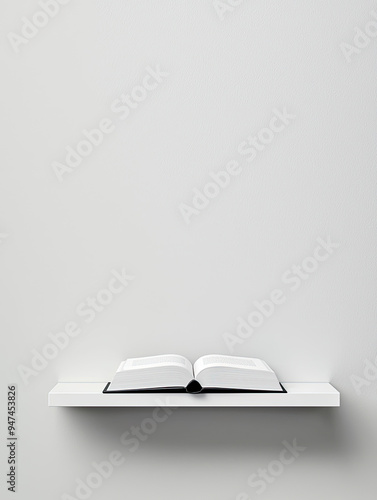 An open book resting on a minimalist white shelf against a neutral wall, symbolizing knowledge and simplicity. photo