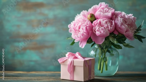 Fresh pink peonies in a vase, with a pastel-colored gift box tied with ribbon, on a wooden surface.