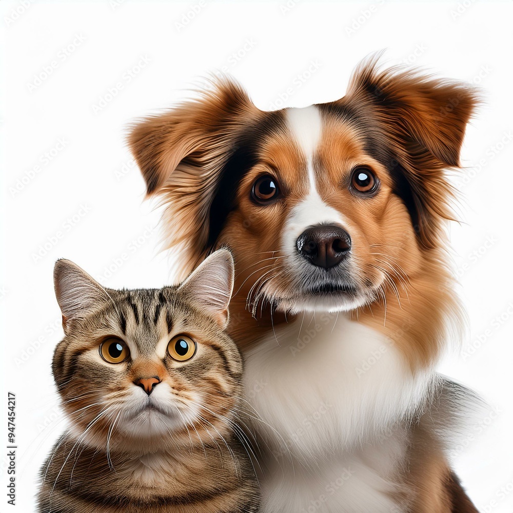Portrait of a joyful dog and cat looking at the camera together against a transparent background, showcasing their remarkable friendship and the incredible bond between these two pets. Portrait of a joyful dog and cat looking at the camera together against a transparent background, showcasing their remarkable friendship and the incredible bond between these two pets.