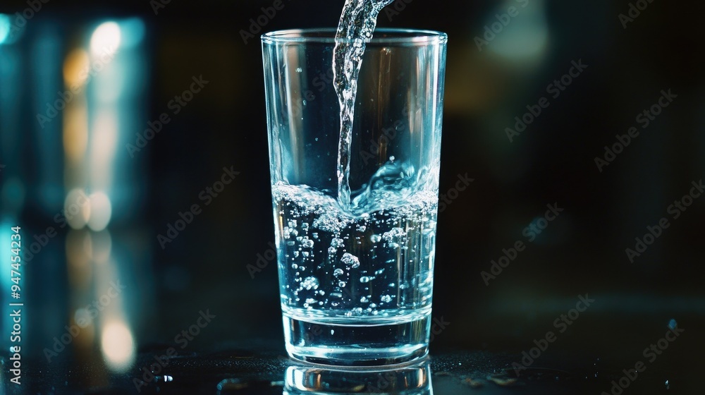 Fresh water pouring from a pitcher into a tall glass with reflections on a glossy surface. Fresh water pouring from a pitcher into a tall glass with reflections on a glossy surface.