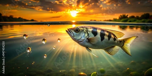 A tropical evening unwinds, as an archerfish breaks the surface, its shimmering scales catching emerald and sapphire hues, its gaze locked on an unsuspecting insect photo