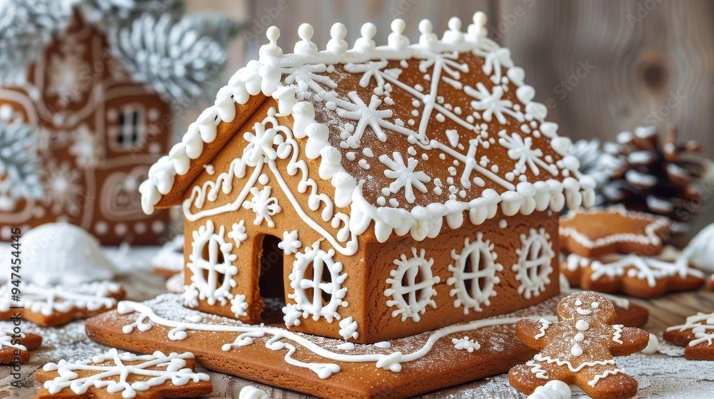 Exquisite icing designs on a gingerbread house and cookies, showcasing generative ai artistry Exquisite icing designs on a gingerbread house and cookies, showcasing generative ai artistry