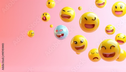 A playful arrangement of 3D emojis with varied emotions, floating in mid-air with a pastel background that includes space for text.