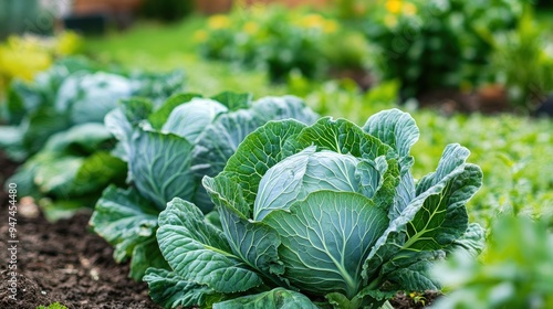 Healthy green cabbage with large leaves, thriving in a well-tended garden.