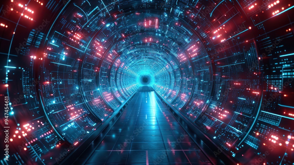 Digital Technology Tunnel with Futuristic Network Lines and Neon Lights for Big Data and Internet Speed Digital Technology Tunnel with Futuristic Network Lines and Neon Lights for Big Data and Internet Speed