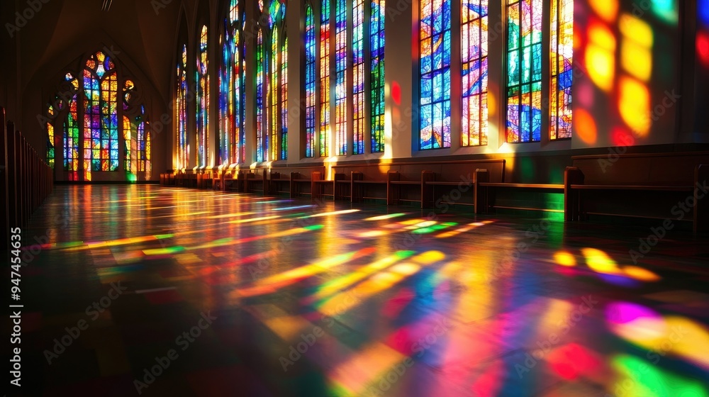 Obraz premium Light streaming through stained glass windows, casting colorful patterns in a church.