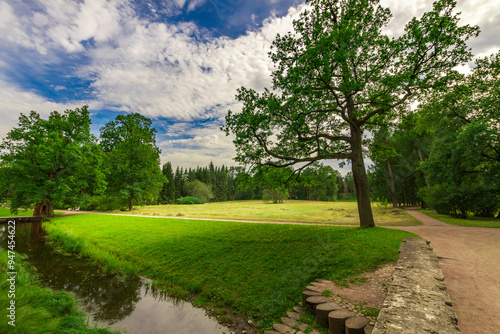 A peaceful path meanders through a lush forest to a quiet stream. Tall trees and green grass create a serene setting, under a tranquil sky