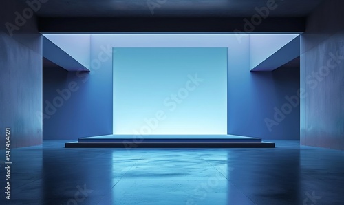 Perspective view of blank blue digital screen wall and concrete floor with square stand background. 3D Rendering, Generative AI photo