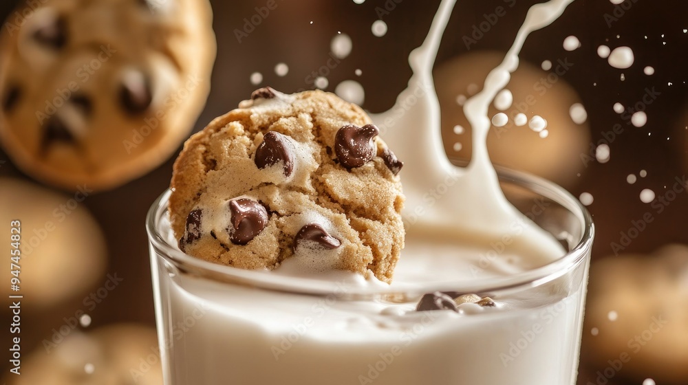 Milk splashing over the rim of a glass, with freshly baked chocolate chip cookies. Milk splashing over the rim of a glass, with freshly baked chocolate chip cookies.