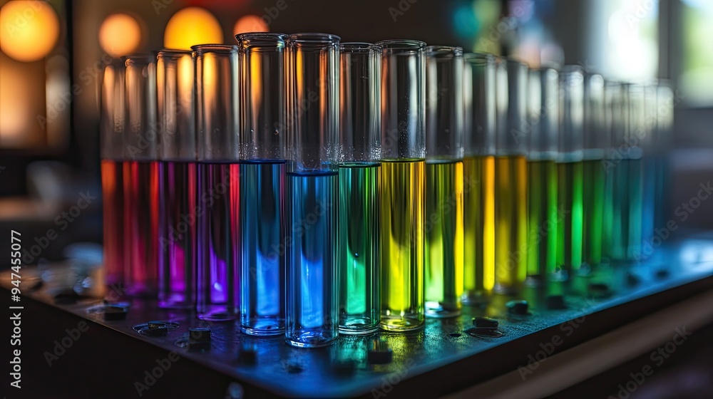 Rainbow-colored test tubes in a rack, reflecting the spectrum of scientific exploration. Rainbow-colored test tubes in a rack, reflecting the spectrum of scientific exploration.
