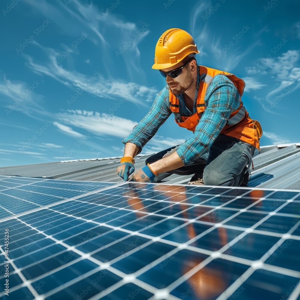 An Engineer installing solar panels on a rooftop, highlighting the benefits of renewable energy and sustainable home improvement. An Engineer installing solar panels on a rooftop, highlighting the benefits of renewable energy and sustainable home improvement.