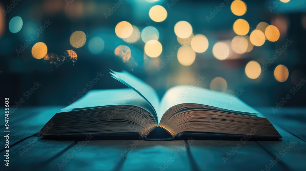 Open Book on Wooden Table with Blurred Lights