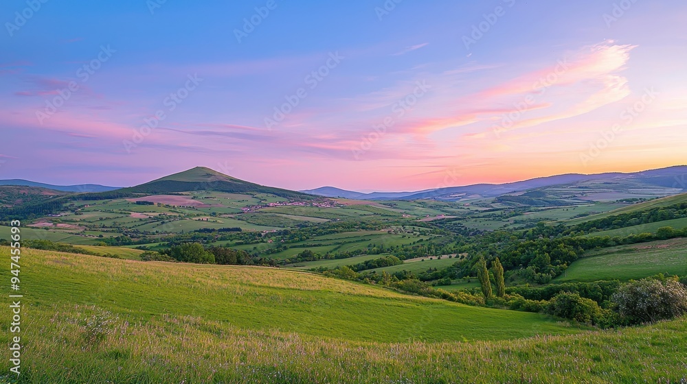 Obraz premium Sunset over rolling hills and farmlands in a picturesque rural landscape