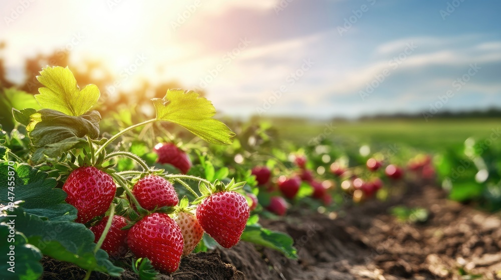 Strawberry plant bearing bright red fruit, growing in a lush field under a clear blue sky. Strawberry plant bearing bright red fruit, growing in a lush field under a clear blue sky.